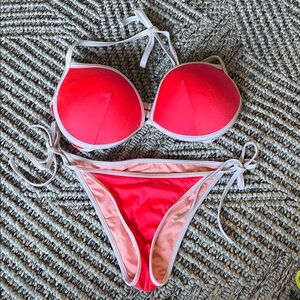 Red & Pink Padded Bikini Set with White Trim